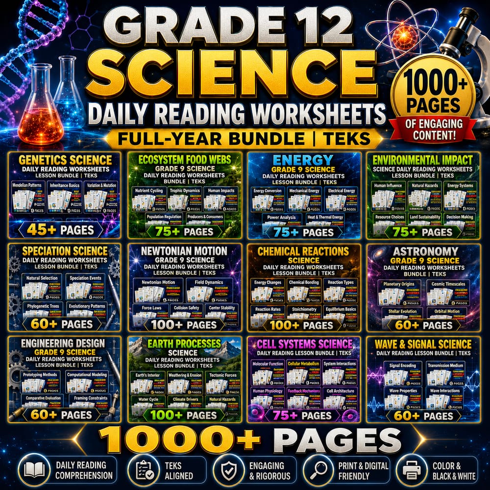 Grade 12 Science Daily Reading Worksheets Full-Year Bundle | TEKS — bundle cover