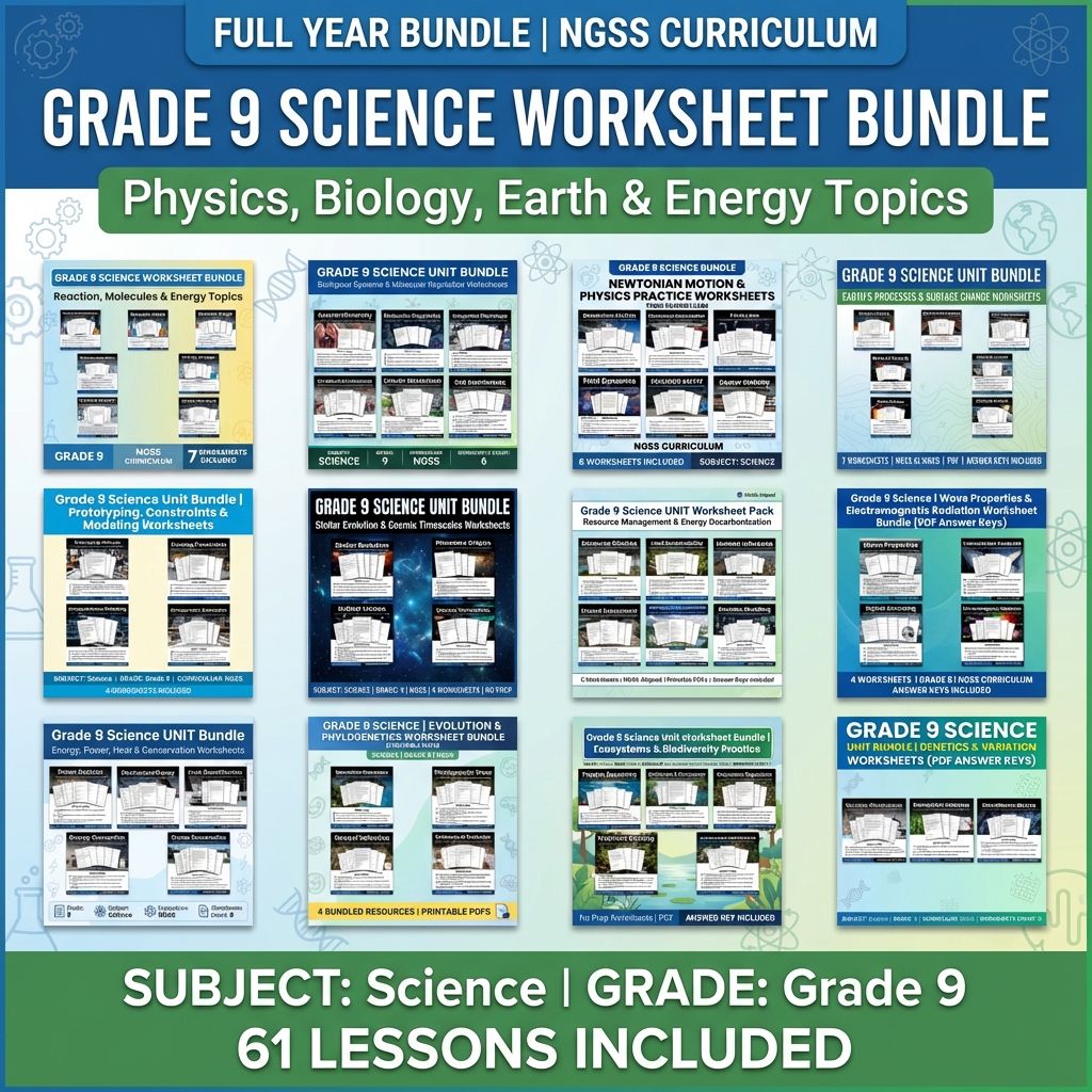 Grade 9 Science Worksheet Bundle | Physics, Biology, Earth & Energy Topics — bundle cover