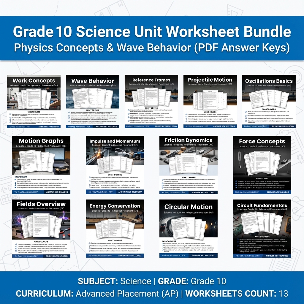 Grade 10 Science Unit Worksheet Bundle – Motion, Energy & Forces (PDF Answers) — bundle cover