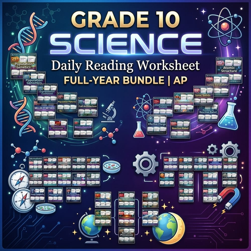 Grade 10 Science Daily Reading Worksheet Full-Year Bundle | AP — bundle cover