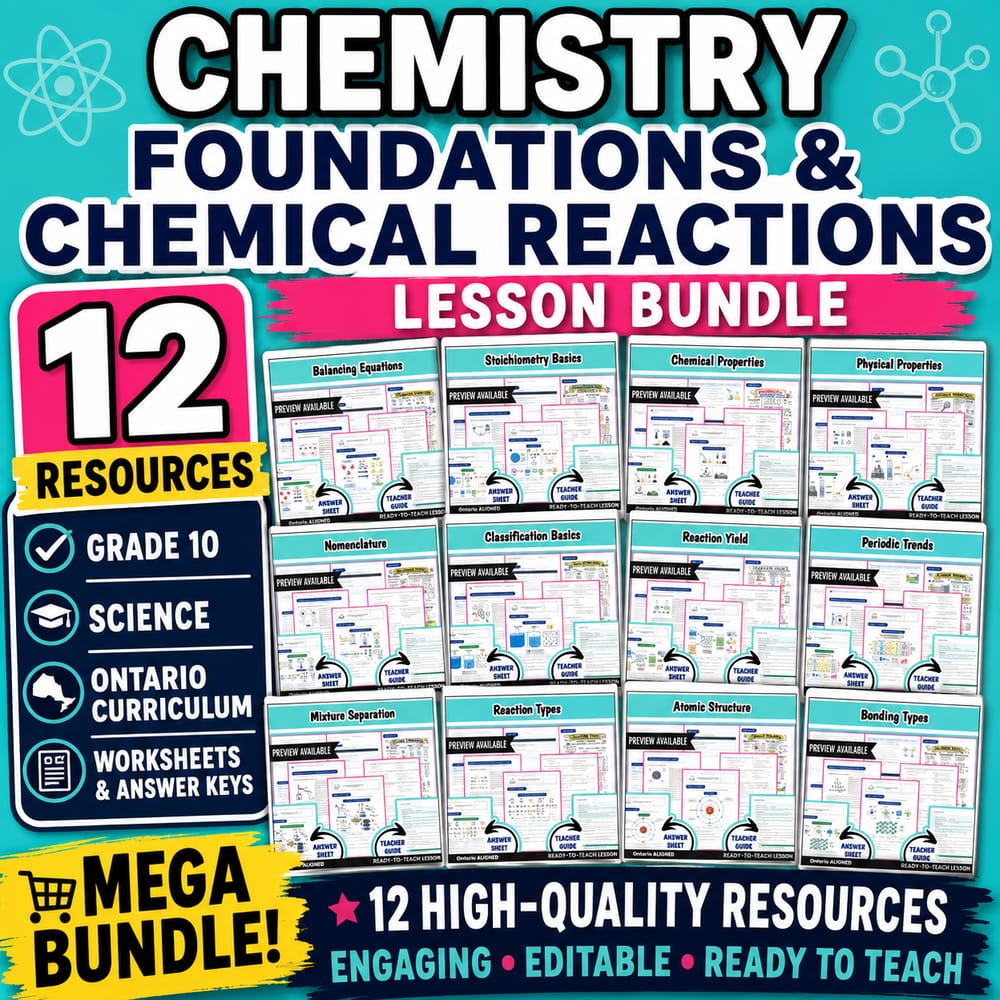 Chemistry Foundations & Chemical Reactions Lesson Bundle: Grade 10 Science — bundle cover