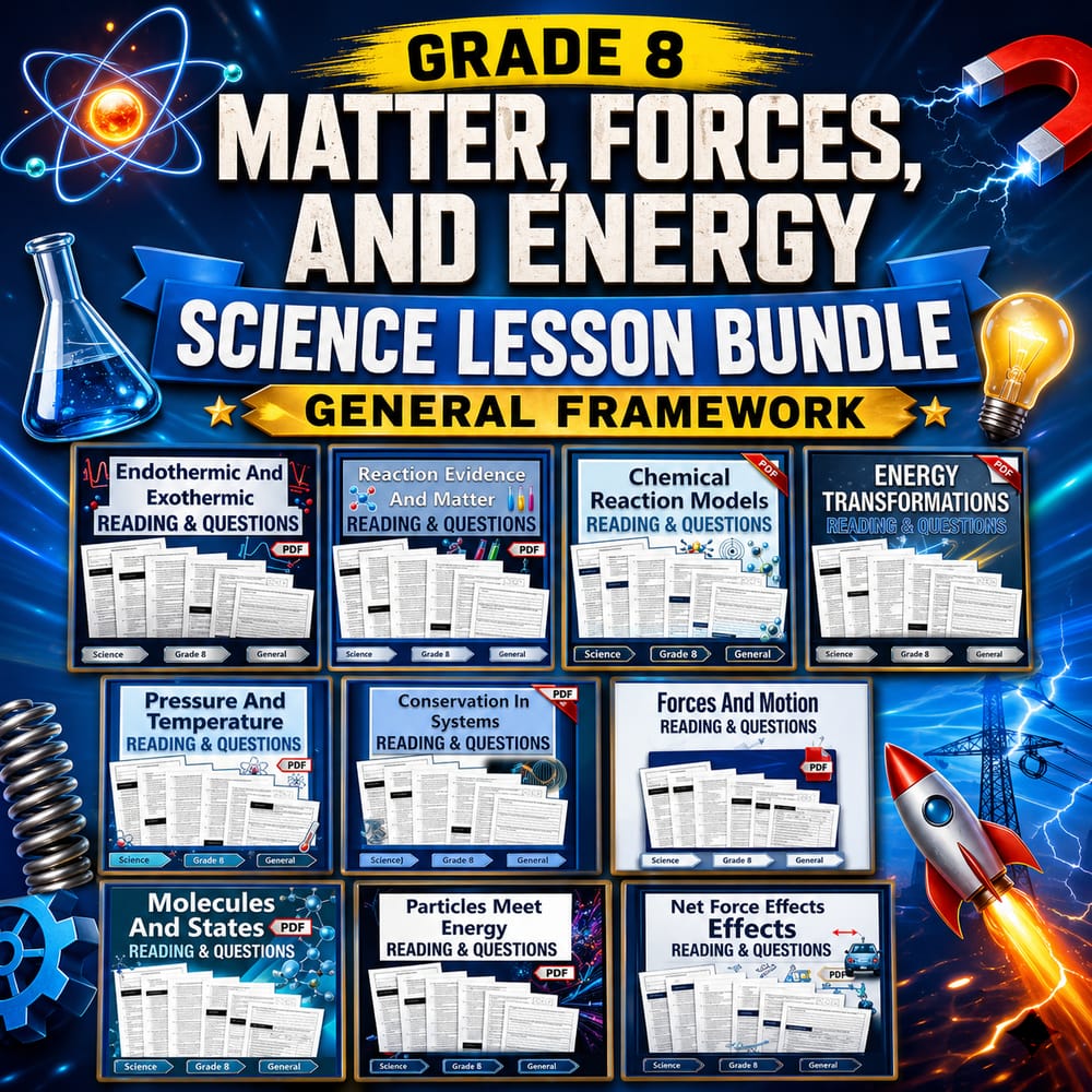 Grade 8 Matter, Forces, and Energy Science Lesson Bundle: General Framework — bundle cover
