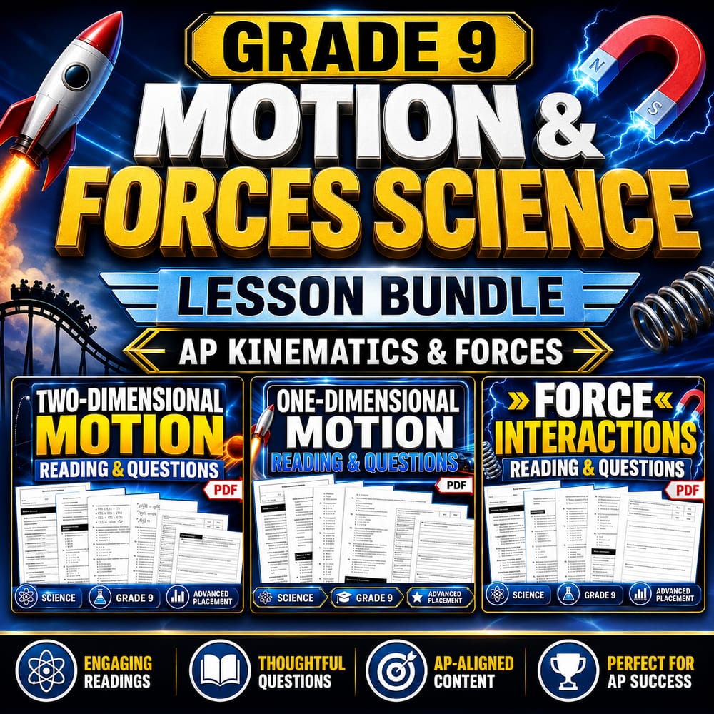 Grade 9 Motion & Forces Science Lesson Bundle | AP Kinematics & Forces — bundle cover
