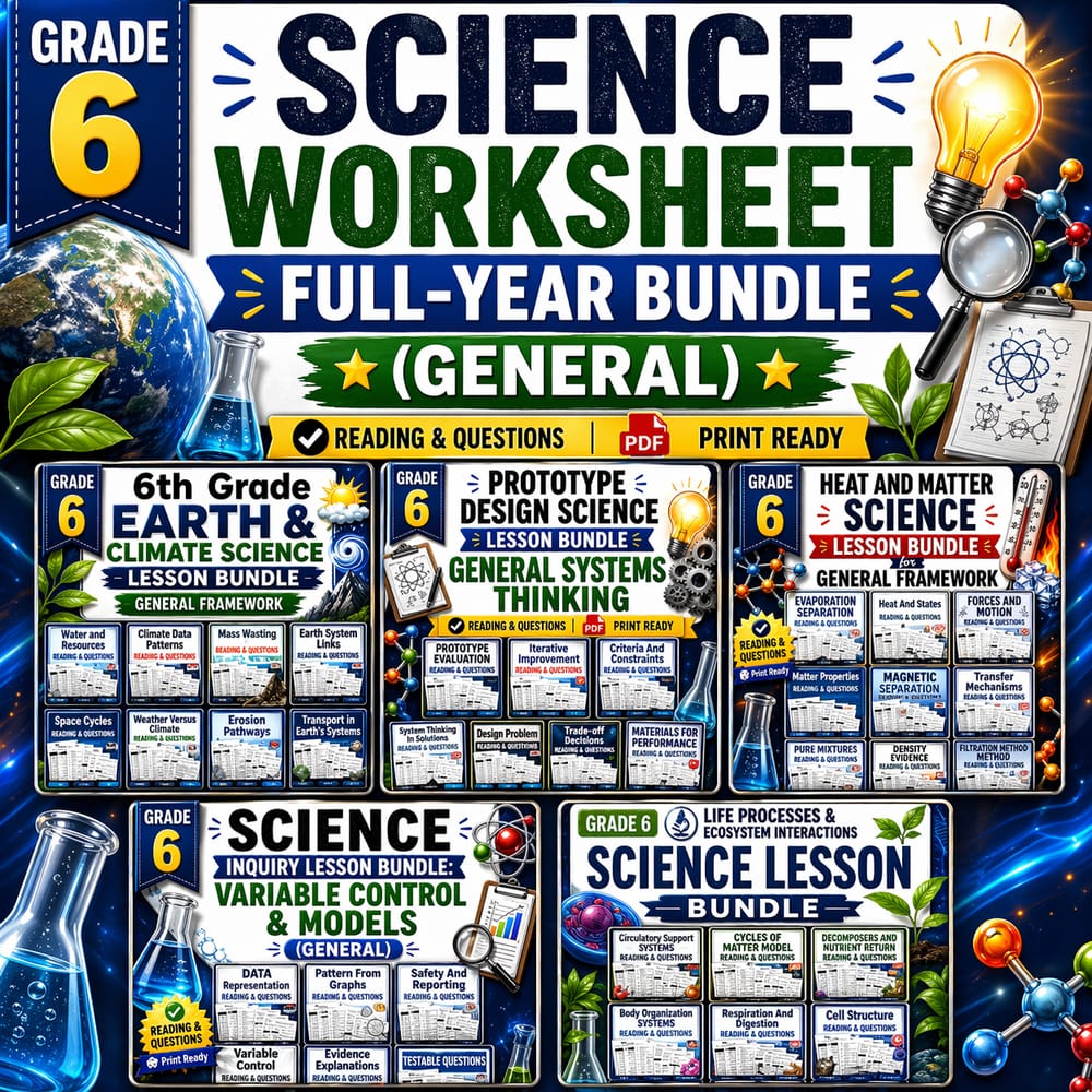 Grade 6 Science Worksheet Full-Year Bundle (General) — bundle cover