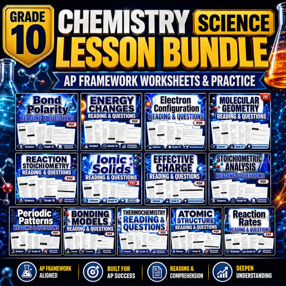 Grade 10 Chemistry Science Lesson Bundle AP Framework Worksheets Practice — bundle cover