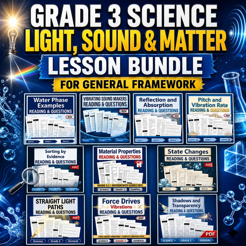 Grade 3 Science: Light, Sound & Matter Lesson Bundle for General Framework — bundle cover