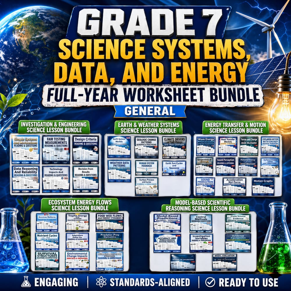 Grade 7 Science Systems, Data, and Energy Full-Year Worksheet Bundle: General — bundle cover