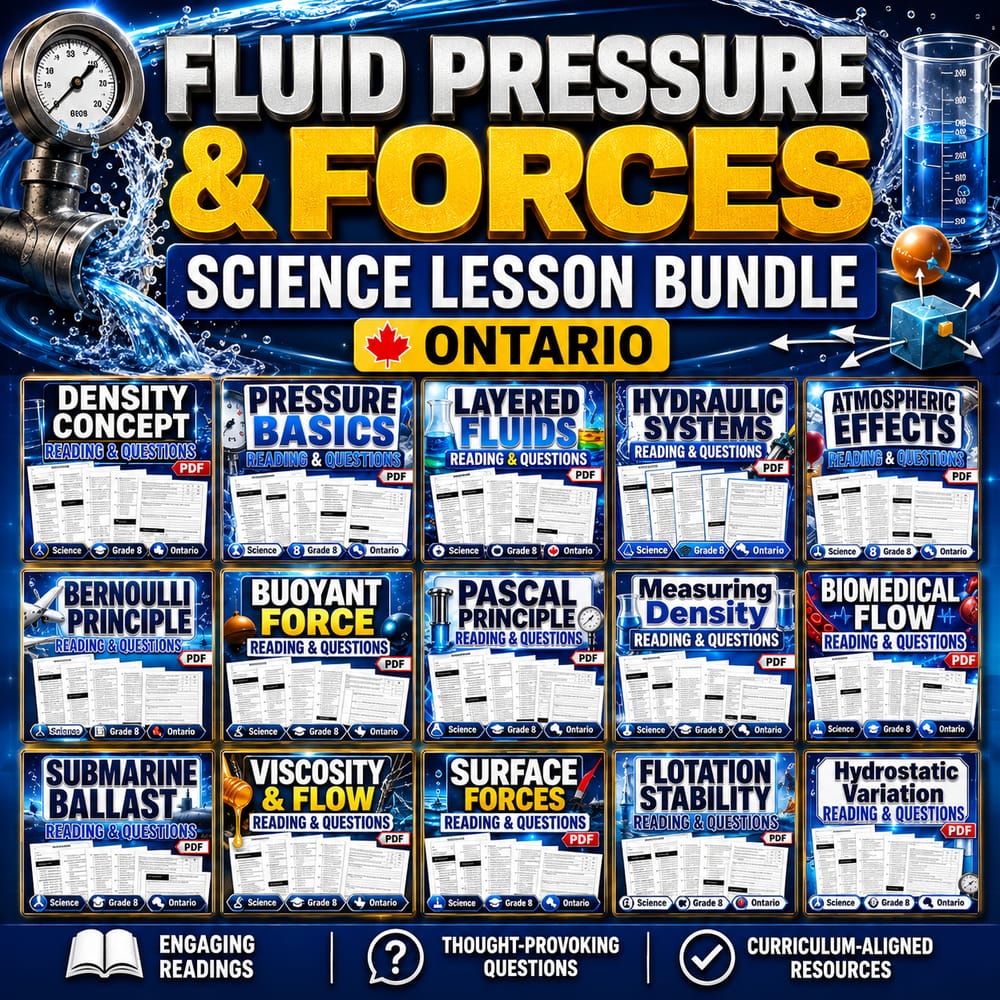 Grade 8 Fluid Pressure & Forces Science Lesson Bundle: Ontario Worksheet Set — bundle cover