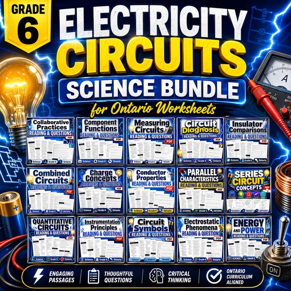 Grade 6 Electricity Circuits Science Lesson Bundle for Ontario Worksheets — bundle cover