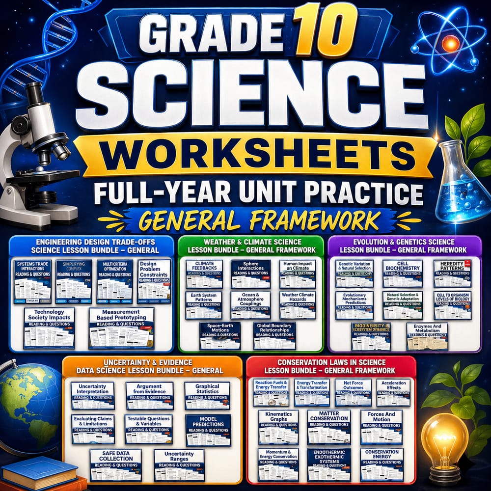 Grade 10 Science Worksheets Full-Year Unit Practice: General Framework — bundle cover