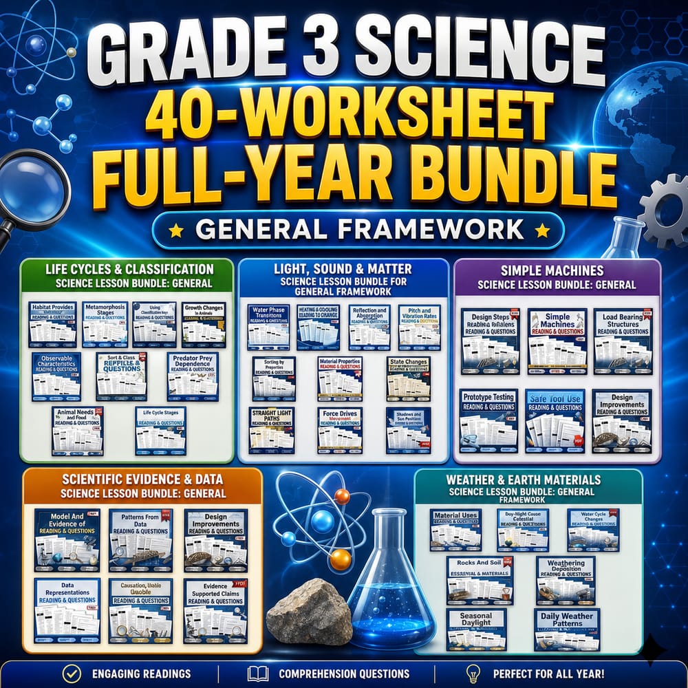 Grade 3 Science 40-Worksheet Full-Year Bundle | General Framework — bundle cover
