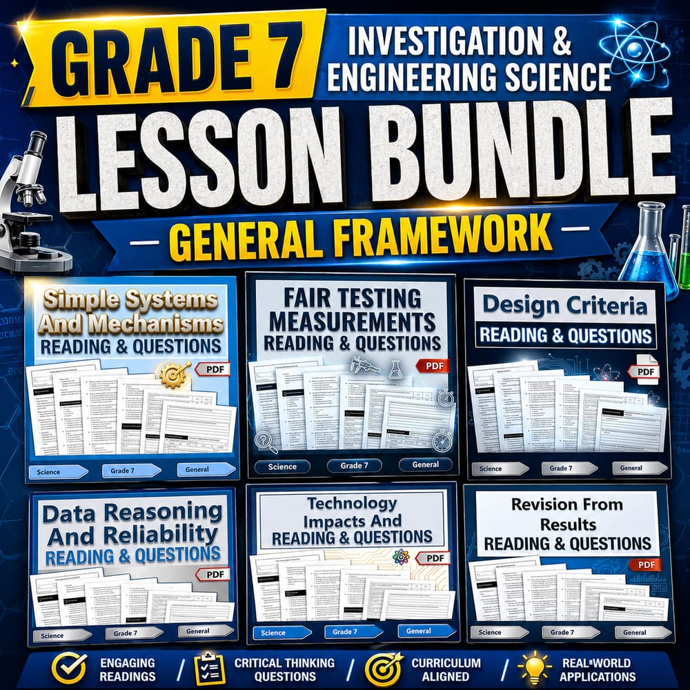 Grade 7 Investigation & Engineering Science Lesson Bundle: General Framework — bundle cover