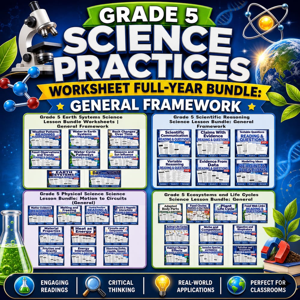 Grade 5 Science Practices Worksheet Full-Year Bundle: General Framework — bundle cover