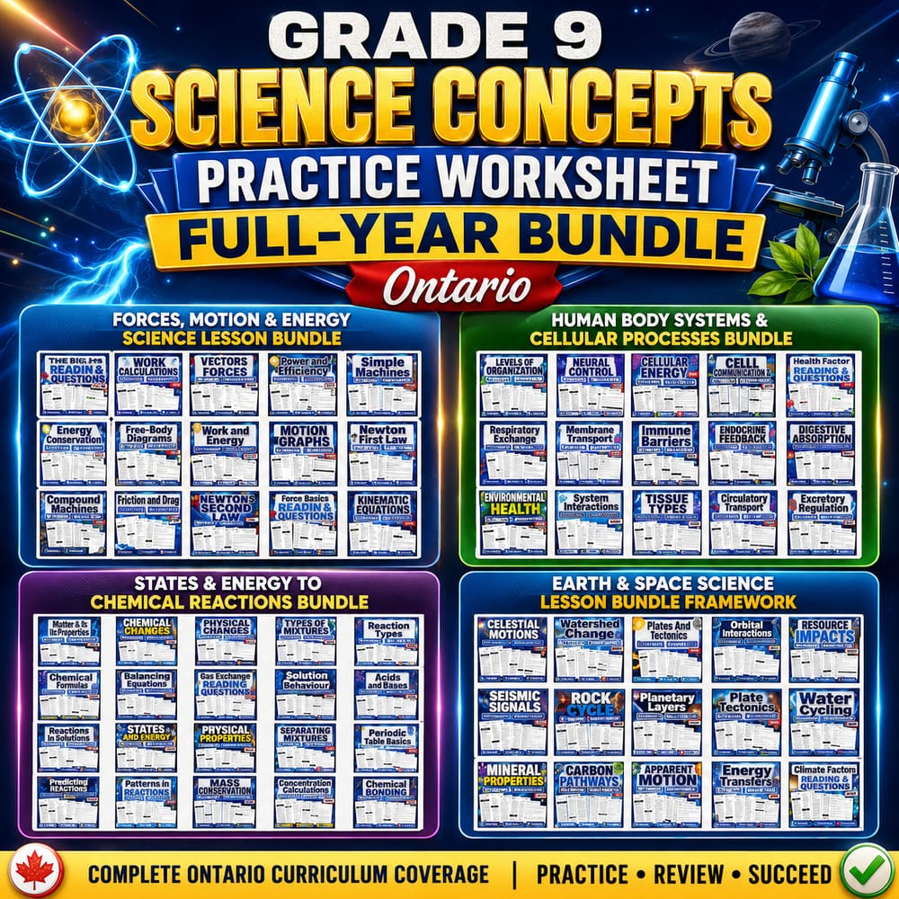Grade 9 Science Concepts Practice Worksheet Full-Year Bundle | Ontario — bundle cover