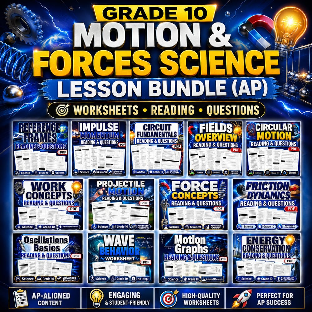 Grade 10 Motion & Forces Science Lesson Bundle (AP) Worksheet Set — bundle cover