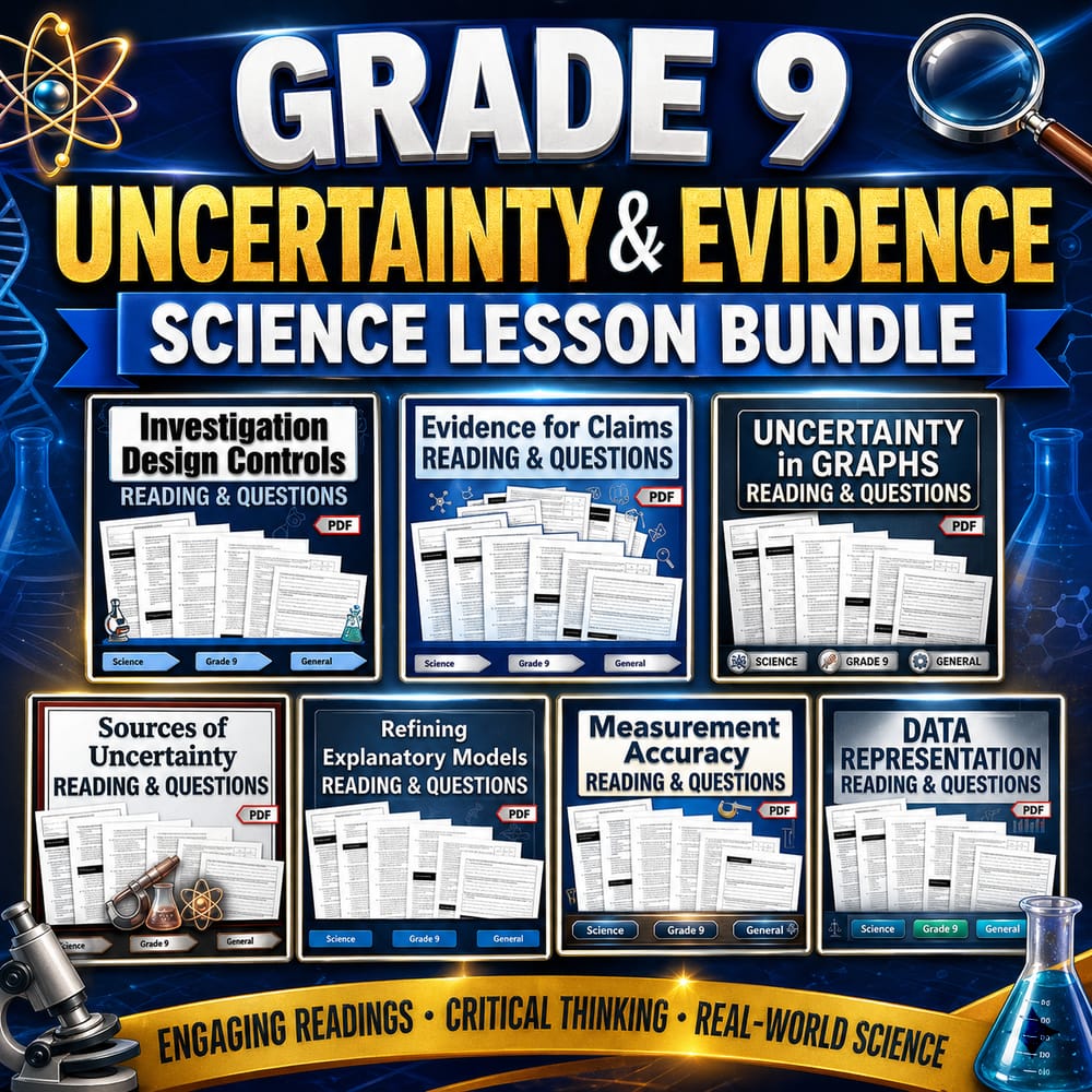 Grade 9 Uncertainty & Evidence Science Lesson Bundle (General) — bundle cover