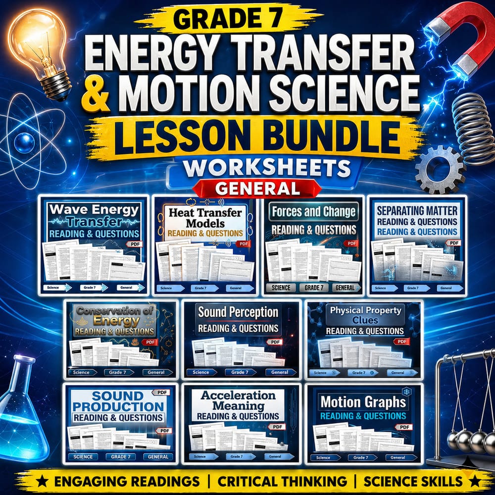 Grade 7 Energy Transfer & Motion Science Lesson Bundle Worksheets (General) — bundle cover