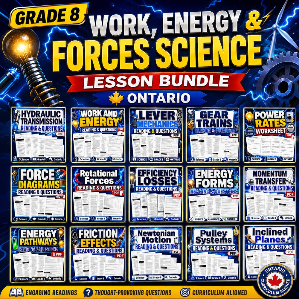 Grade 8 Work, Energy & Forces Science lesson bundle Ontario worksheet set — bundle cover