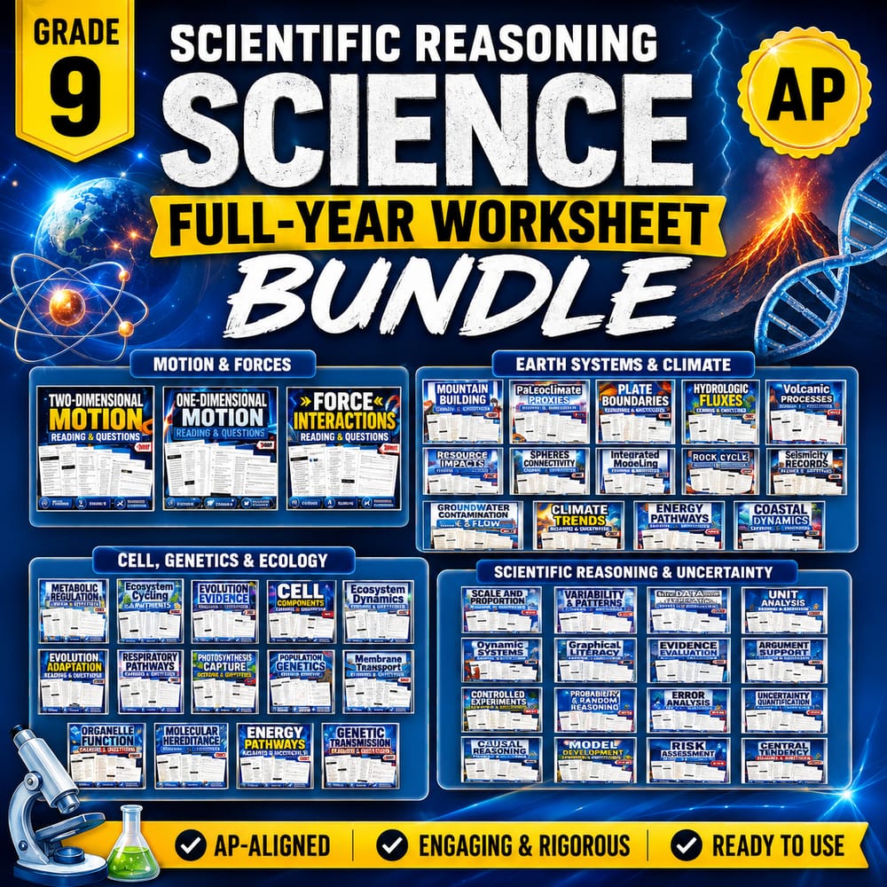 Grade 9 Scientific Reasoning Science Full-Year Worksheet Bundle AP — bundle cover