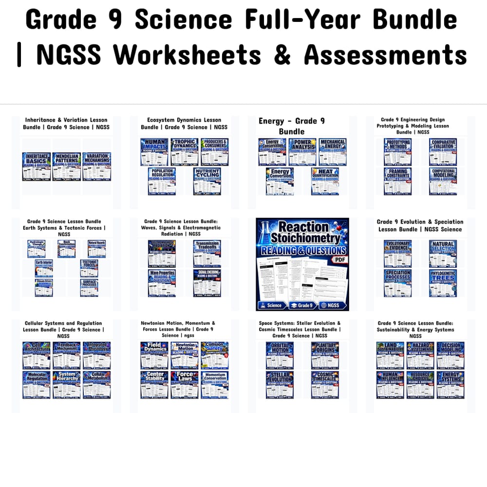 Grade 9 Science Full-Year Bundle | NGSS Worksheets & Assessments — bundle cover