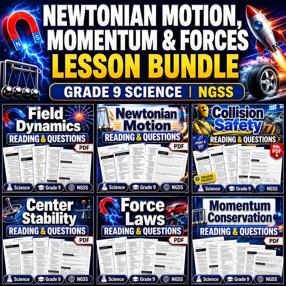 Newtonian Motion, Momentum & Forces Lesson Bundle | Grade 9 Science | ngss — bundle cover