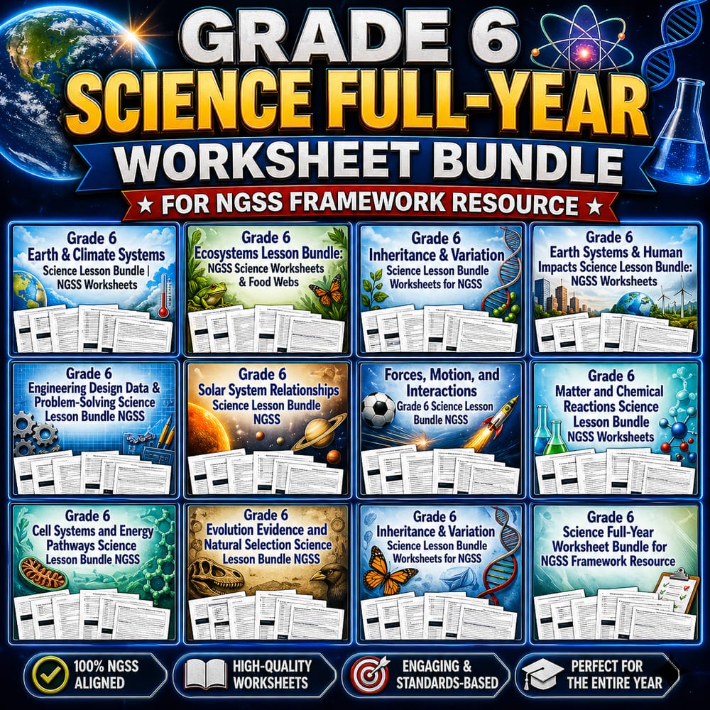 Grade 6 Science Full-Year Worksheet Bundle for NGSS Framework Resource — bundle cover