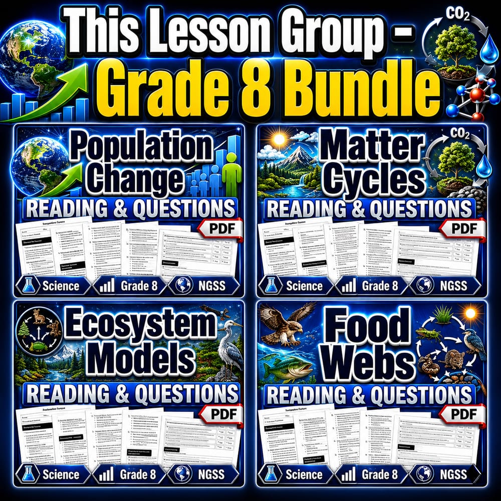 Grade 8 Ecosystems Interactions Energy Dynamics Science Lesson Bundle NGSS — bundle cover
