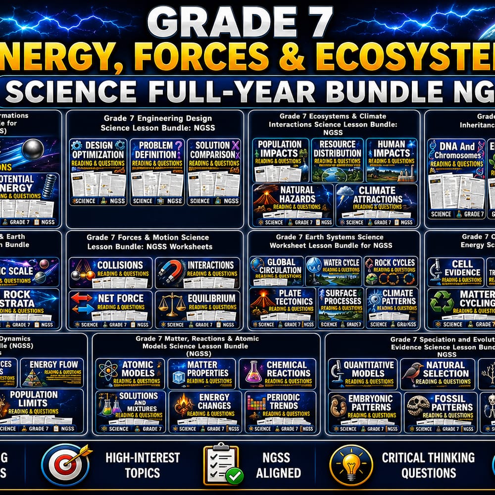 Grade 7 Energy, Forces & Ecosystems Science Full-Year Bundle NGSS — bundle cover