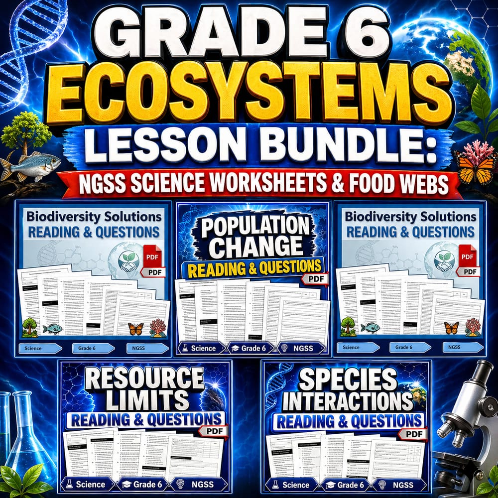 Grade 6 Ecosystems Lesson Bundle: NGSS Science Worksheets & Food Webs — bundle cover