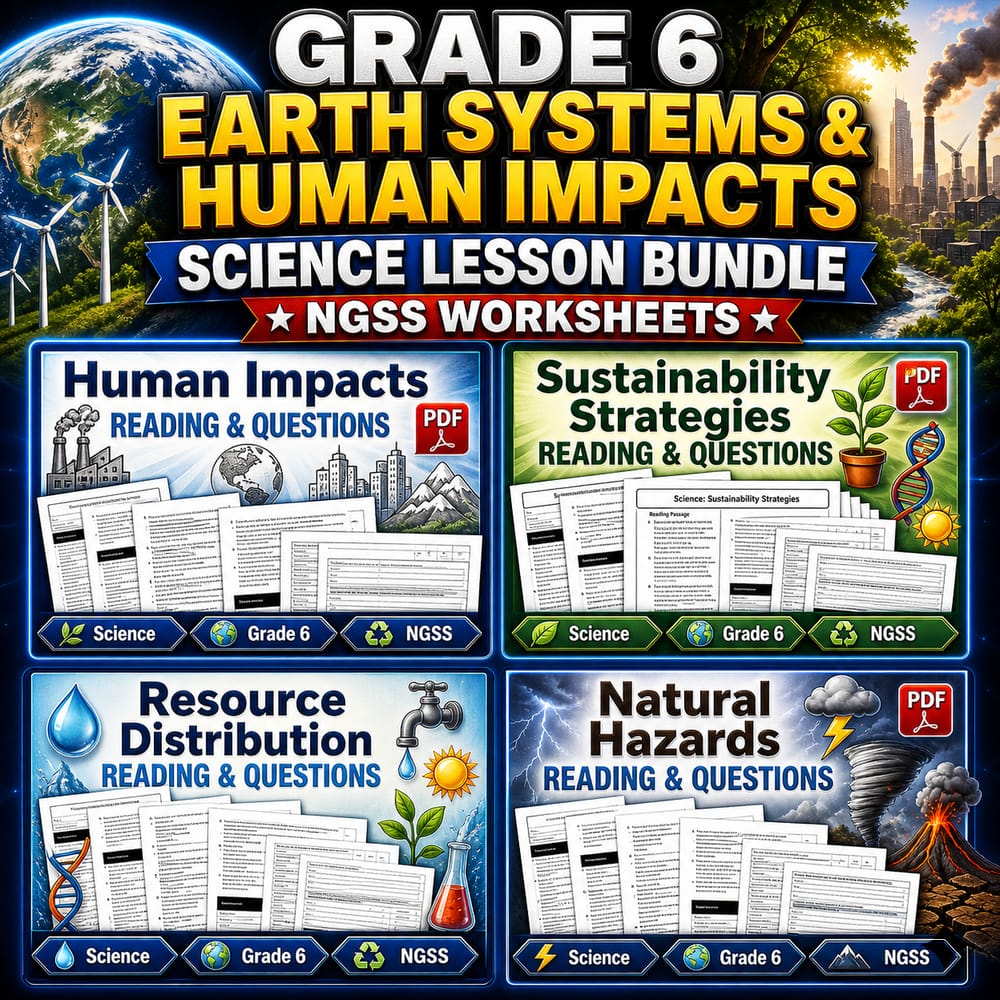 Grade 6 Earth Systems & Human Impacts Science Lesson Bundle: NGSS Worksheets — bundle cover