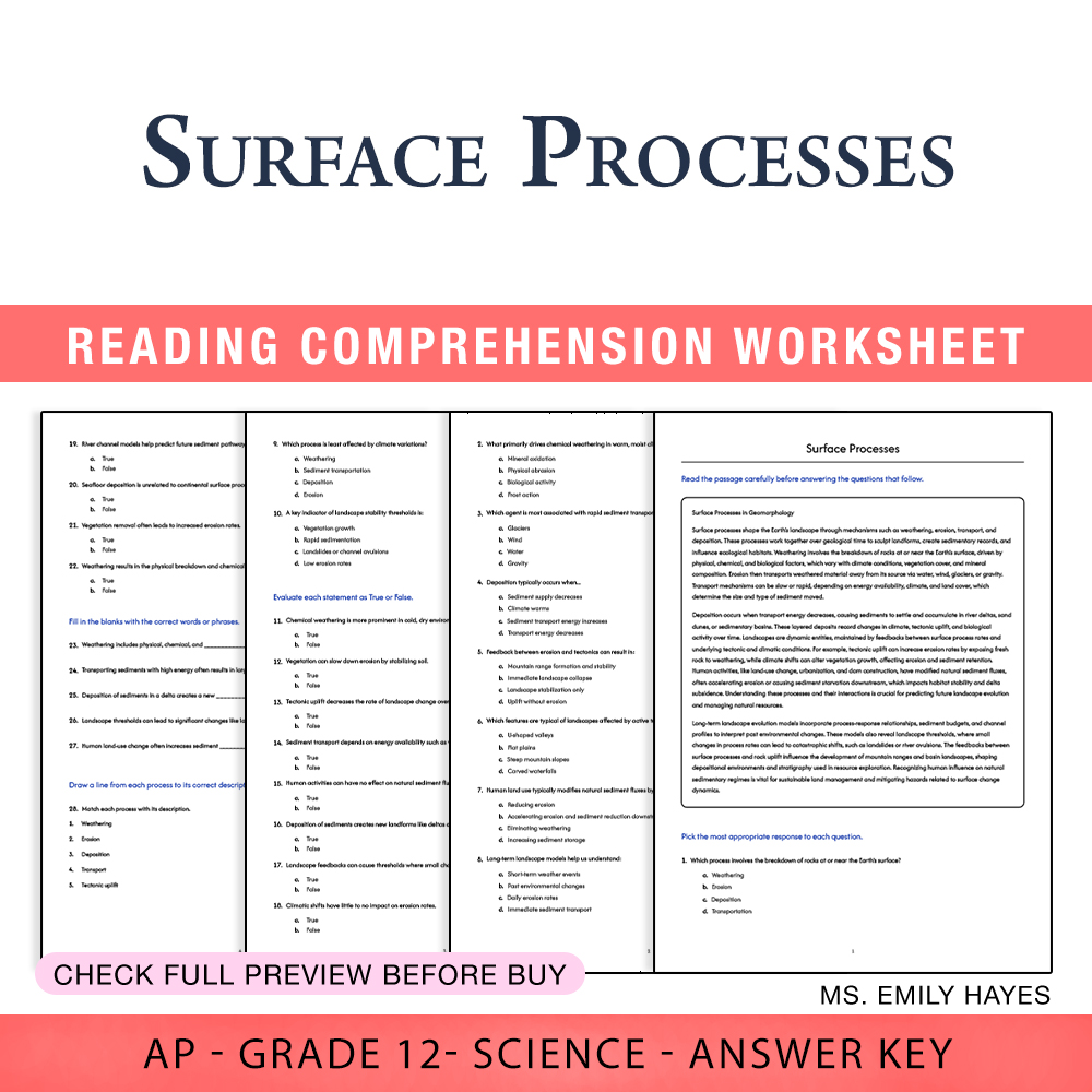 Grade 12 Science worksheet assessment worksheet — Grade 12 Science | Surface Processes Assessment Worksheet (PDF+ Answer K…