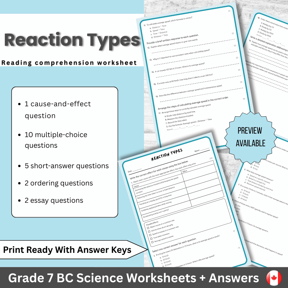 Grade 7 Science | Reaction Types Worksheet (PDF) for BC Standards