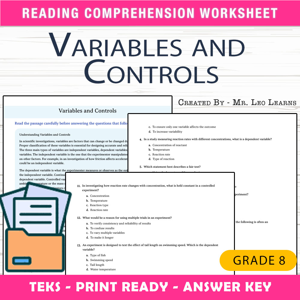 Grade 8 Science worksheet worksheet — Grade 8 Science — Variables and Controls Worksheet for Mastery — page 1