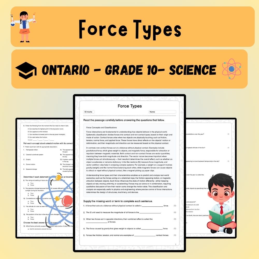 Grade 10 Science worksheet worksheet — Grade 10 Science | Force Types Worksheet (PDF) – Ontario Standards — page 1
