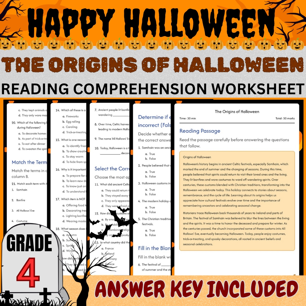 Grade 4 | Halloween Worksheets | Fun Classroom Unit Pack (Answer Key Included) — included worksheet 1