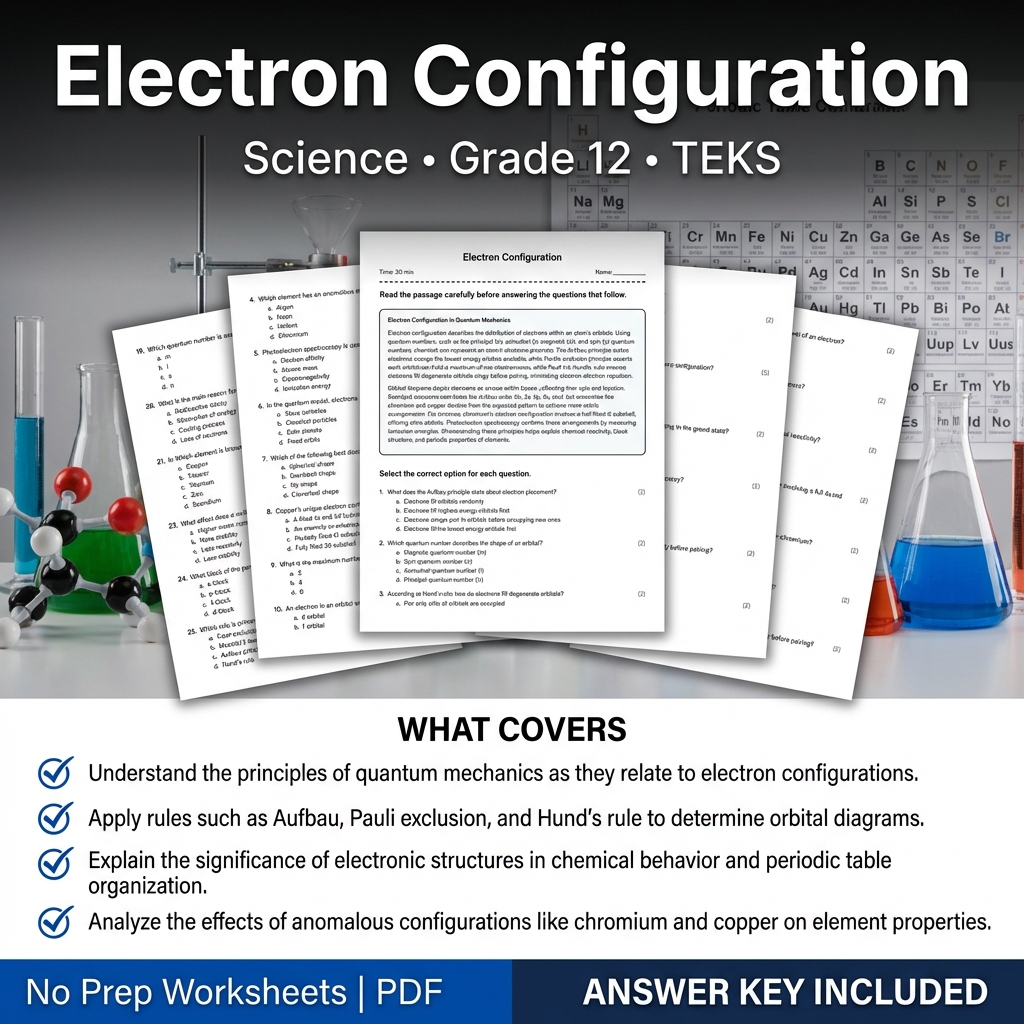 Electron Configuration Worksheet for Grade 12 Science | TEKS Aligned