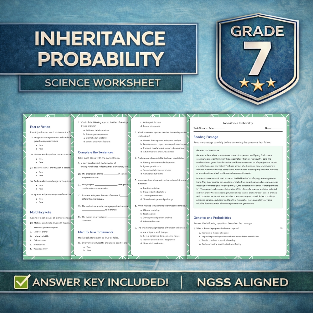 Grade 7 Science g7 ngss worksheet — Grade 7 Science | Inheritance Probability Worksheet (NGSS Practice + Answer Key)