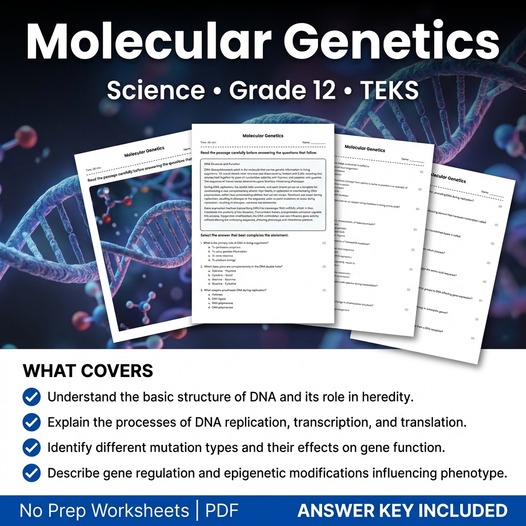 Molecular Genetics Worksheet | Science Practice for Grade 12 TEKS
