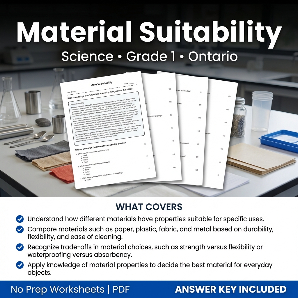 Material Suitability Grade 1 Science Worksheet | Ontario