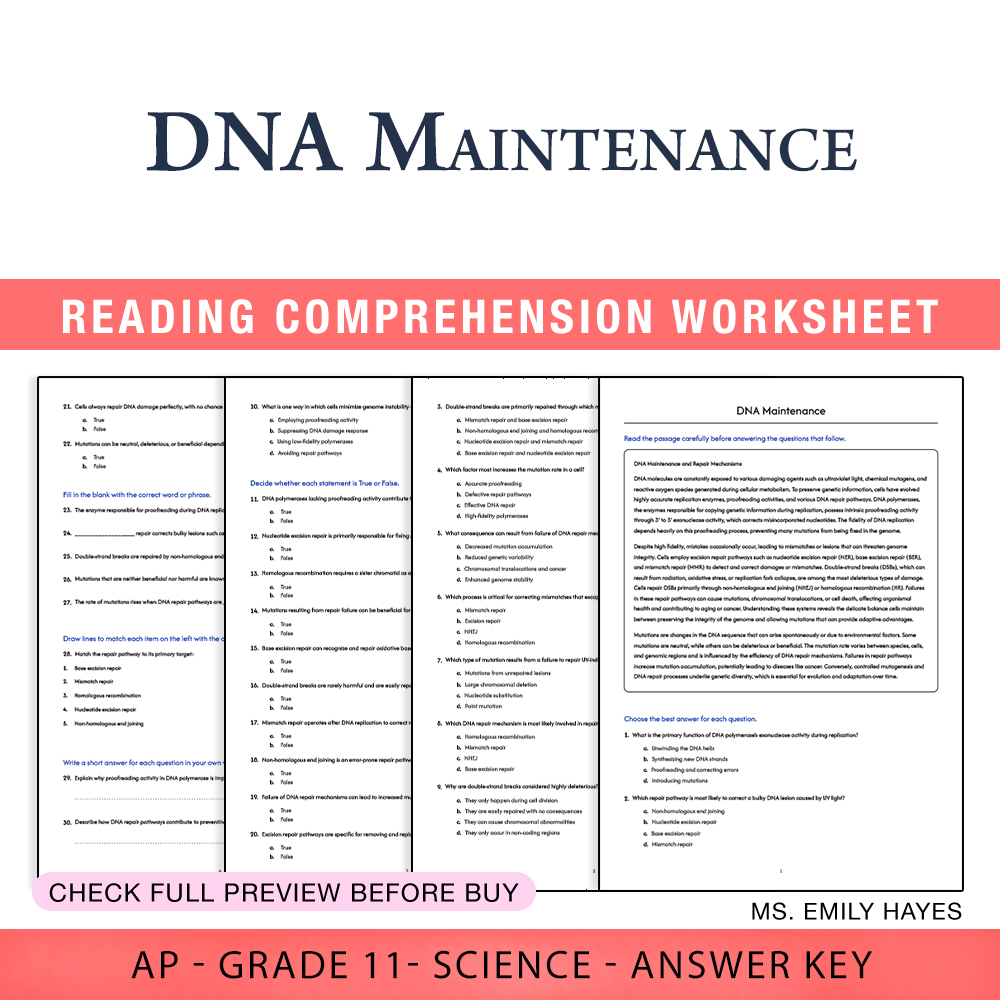 Grade 11 Science worksheet assessment worksheet — 11th Grade Science | DNA Maintenance Worksheet (PDF+ Answer Key) — page 1