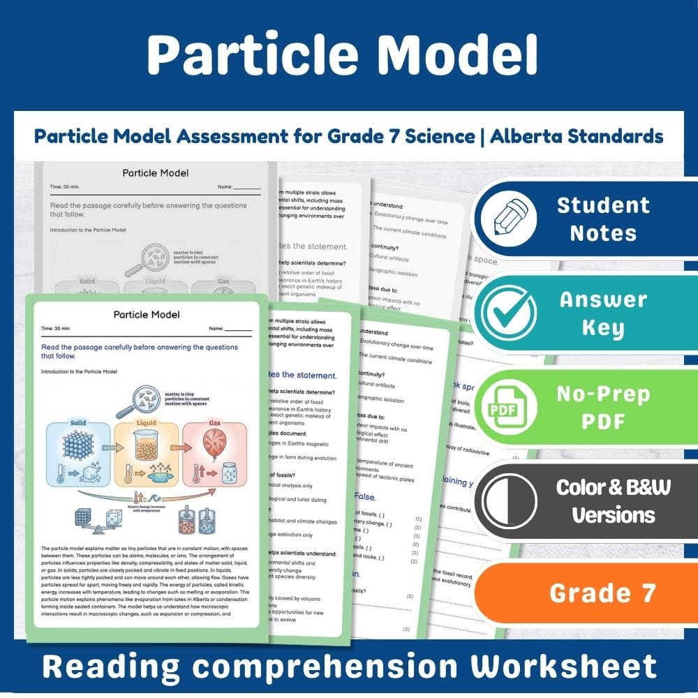 Grade 7 Science assessment worksheet — Particle Model Assessment for Grade 7 Science | Alberta Standards — page 1