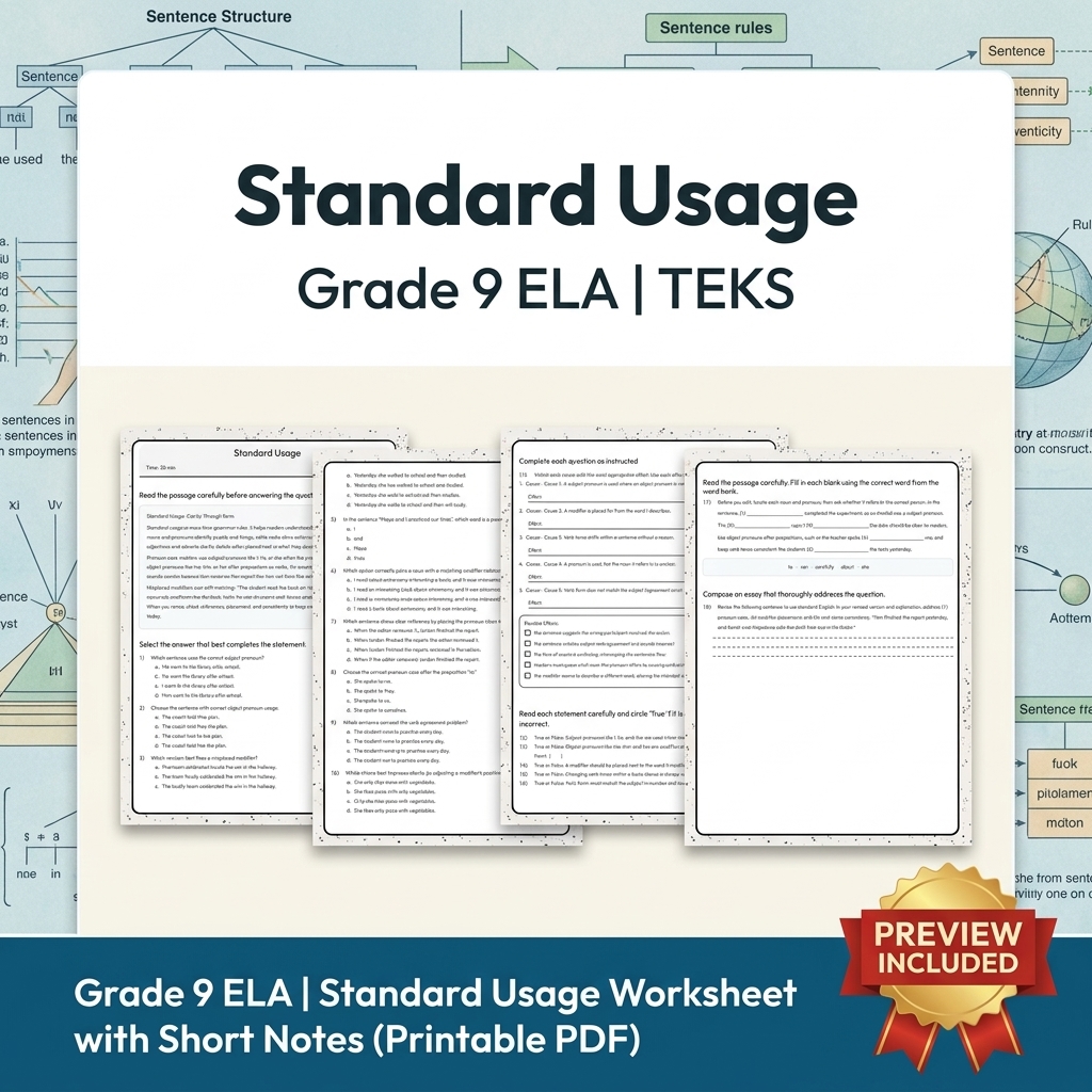 Grade 9 Language Conventions ELA Lesson Bundle | TEKS Verb & Agreement — included worksheet 1