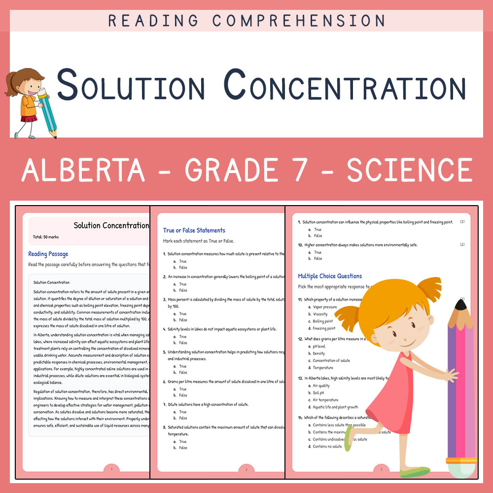 Grade 7 Science worksheet elena worksheet — Grade 7 Science Assessment | Solution Concentration Worksheet | Alberta — page 1