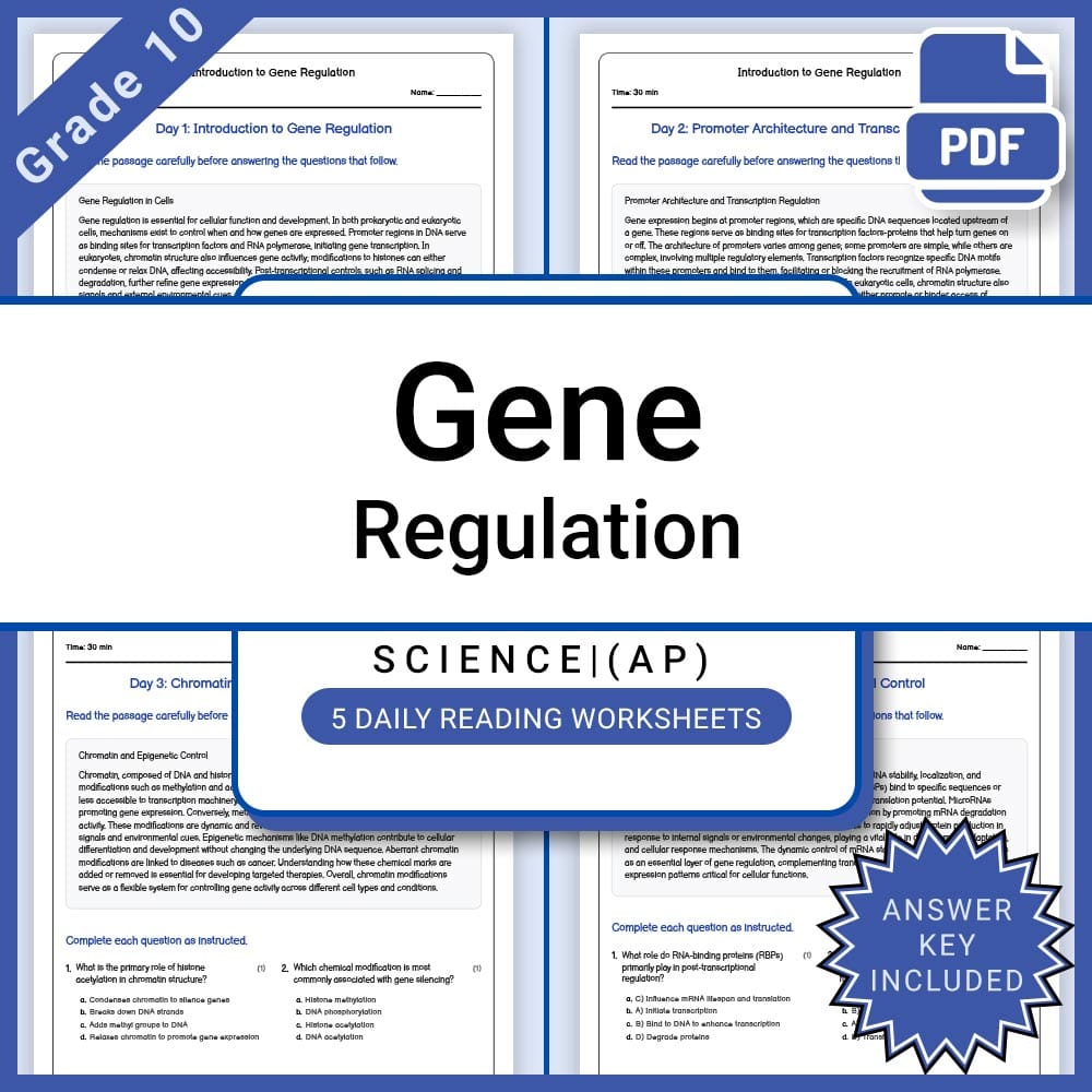 Grade 10 Science daily reading worksheet worksheet — Grade 10 Science – Introduction to Gene Regulation  Worksheet with An…