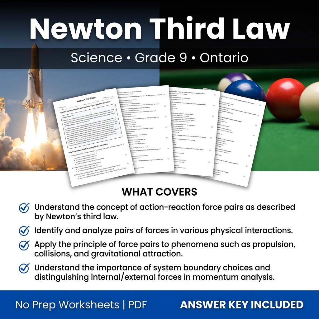 Grade 9 Science worksheet — Newton Third Law Grade 9 Science Worksheet | Ontario Standards