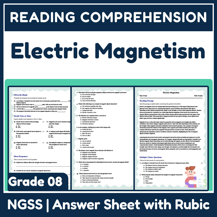 Grade 8 Science reading worksheets worksheet — 8th Grade Science | Electric Magnetism Reading Worksheet (Answer Key) — page 1