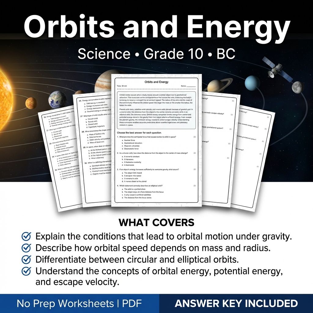 Grade 10 Science | Orbits and Energy Worksheet with Answer Key PDF