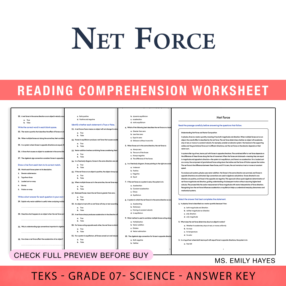 Grade 7 Science worksheet worksheet — 7th Grade Science | Net Force Worksheet (PDF+ Answer Key) — page 1