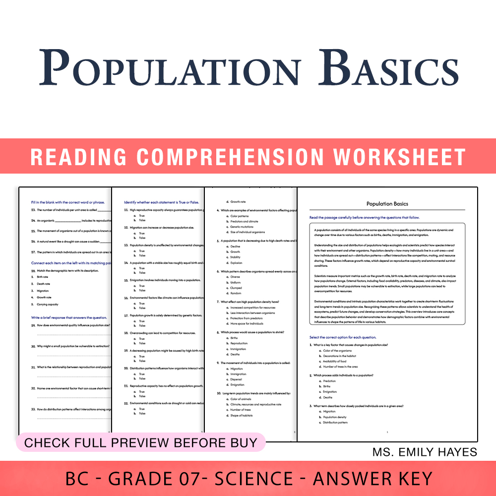 Grade 7 Science worksheet worksheet — Grade 7 Science | Population Basics Worksheet (PDF+ Answer Key) — page 1
