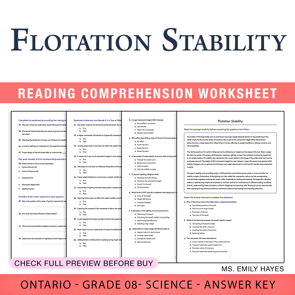 Grade 8 Science worksheet worksheet — Grade 8 Science | Flotation Stability Worksheet (PDF+ Answer Key) — page 1